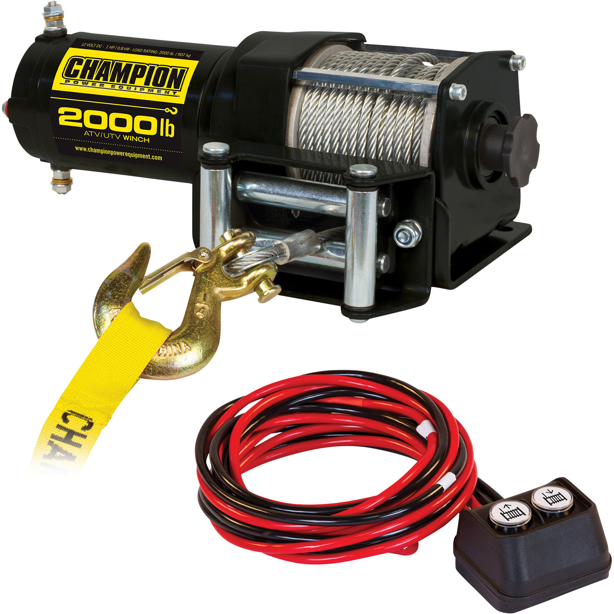 Champion 12 Volt DC Powered Electric ATV/UTV Winch, 2000-Lb. Capacity, Aircraft Cable, Model# 12003